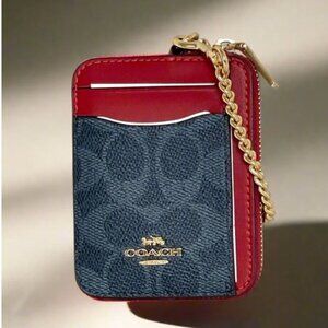 Coach Zip Card Case Wallet CW883 Blue Denim Red Canvas Chain Strap ID